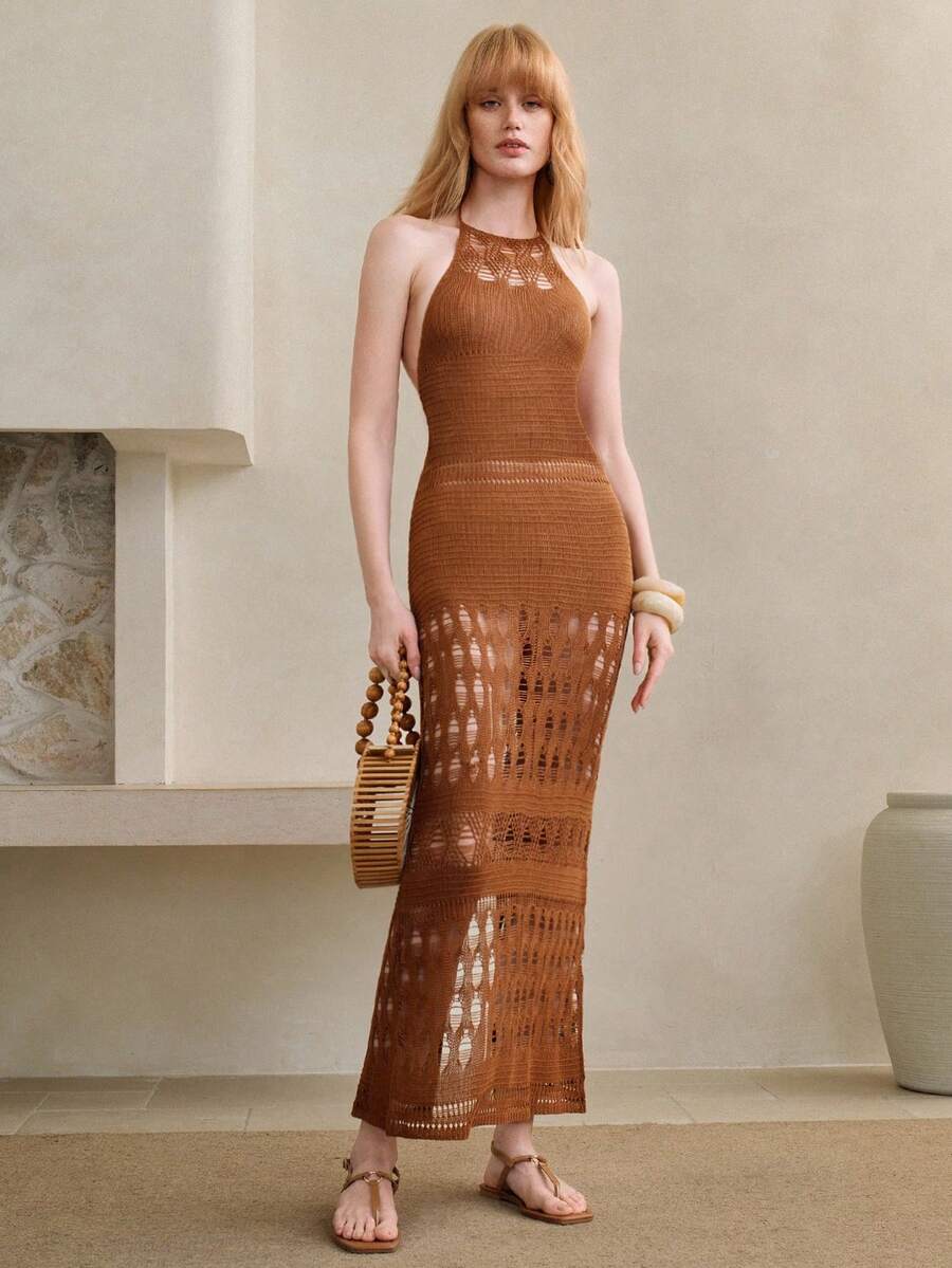 Arave 女士修身露背流苏系带镂空菱形针织连衣裙，优雅适合约会和各种场合 - 棕色 - 查看 1