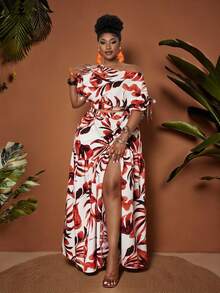 Maweii Plus Size Women White Summer Boho Party Holiday Floral Elegant One-Shoulder Lantern Sleeve Drawstring Maxi High Slit Irregular 2-Piece Set - Multicolor - View 4
