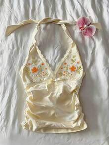 SHEIN 女士时尚刺绣蕾丝拼接露背上衣，度假必备 - 淡黃色 - 查看 1