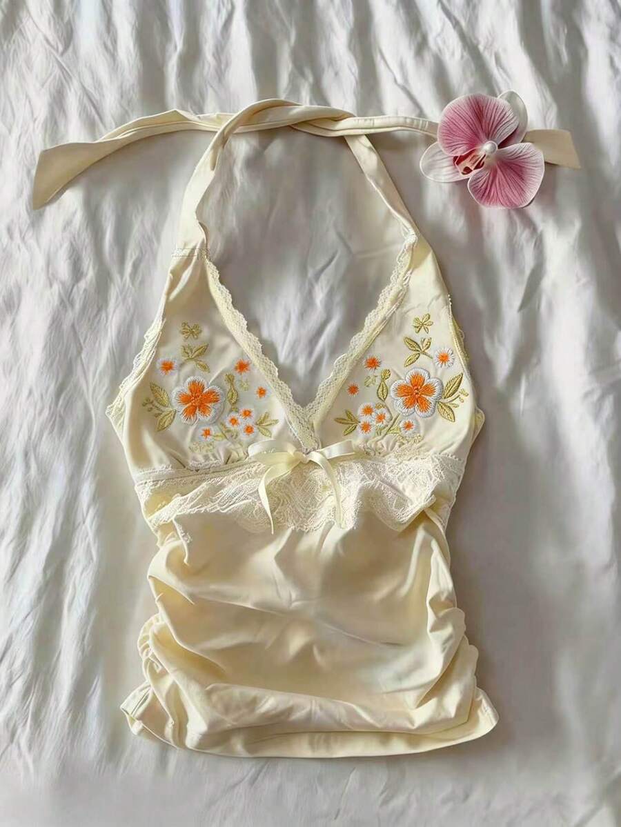 SHEIN 女士时尚刺绣蕾丝拼接露背上衣,度假必备 - 淡黃色 - 查看 1