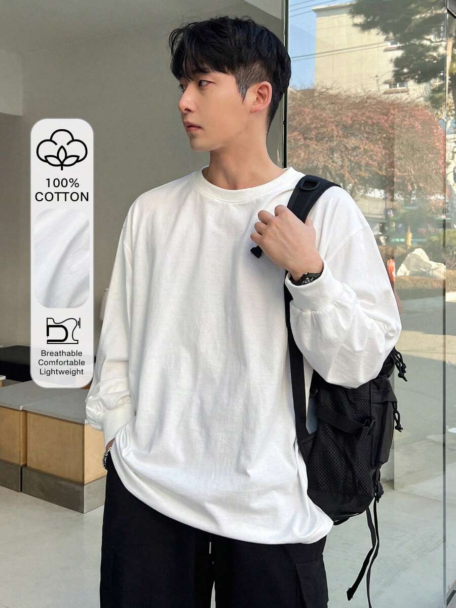 DAZY Áo thun nam dài tay cotton trắng thả vai, quần áo mùa thu - trắng - Xem 1