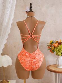 Swim Vcay 1pc Women's One-Piece Swimsuit With Shell & Conch Print, Circular Ring Ruched Fashionable Casual Summer Holiday Beach Swimwear - Orange - View 4