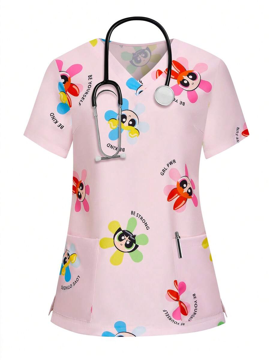 PopScrub THE POWERPUFF GIRLS X SHEIN Women's Short Sleeve Floral Print Nurse Scrub, Pocket Design Short Sleeve Scrub Top - Baby Pink - View 1