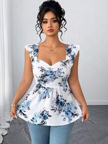Elenzga Áo kiểu dáng thanh lịch cỡ lớn, in họa tiết hoa Pháp, cổ chữ V, lưng hở, thắt nơ, thiết kế tối giản, phù hợp cho đi làm hàng ngày, hẹn hò, dự tiệc, đi chơi và du lịch. - Xanh và trắng - Xem 4