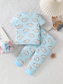 SHEIN GraphicGems 2-Piece Baby Boys Toddler Pajamas Set,Cute Blue Summer Family Matching Cartoon Animal Print Short Sleeve Top&Long Pants Snug Fit Sleepwear - Baby Blue - View 2