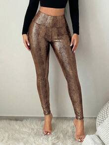 SHEIN SXY Quần legging nữ cạp cao họa tiết động vật - Vàng - Xem 1
