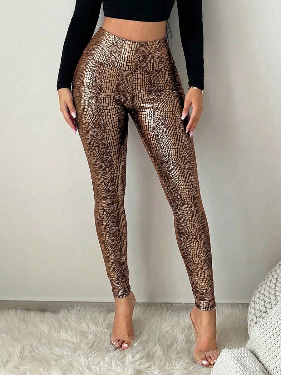 SHEIN SXY Quần legging nữ cạp cao họa tiết động vật - Vàng - Xem 1