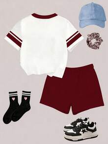 2pcs/Set Kaos Kasual Musim Semi dan Musim Panas untuk Anak Perempuan, Modis, Kreatif, Segar, Mewah, Minimalis, Putih, Merah Marun, Motif Bunga Leopard, Simpul Pita, Slogan Lucu, Grafis - MultiWarna - View 6