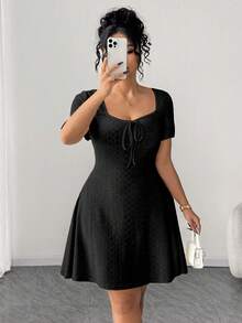 Elenzga Plus Size Fitted Stylish Solid Color Short Sleeve Jacquard Dress - Black - View 8