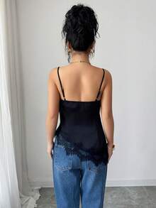 Rafferiza Áo hai dây mùa hè màu đen bằng vải chiffon, cổ xếp ly, dây mảnh, phối ren, gấu áo không đều, ôm sát, gợi cảm, thích hợp cho các buổi hẹn hò hoặc tiệc tùng. - màu đen - Xem 2