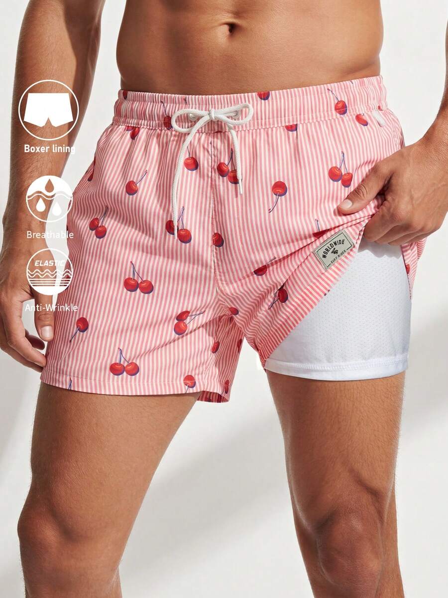 CoralVoy Men Fashionable Double-Layer Cherry Striped Beach Shorts,Hawaiian - Pink - View 1