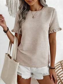 EMERY ROSE Plus Size Solid Color Minimalist Daily Wear Round Neck Short Sleeve T-Shirt - Apricot - View 1
