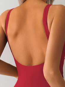 SHEIN Swim 女士休闲褶皱拼接露背连体泳衣，适合运动和海滩穿着 - 紅色 - 查看 5