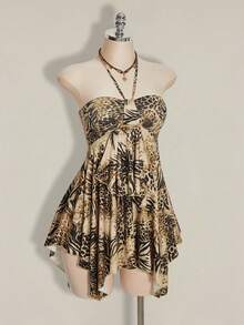 SHEIN ICON Đầm ngắn cổ yếm in họa tiết tối giản dành cho nữ - Nhiều màu - Xem 8