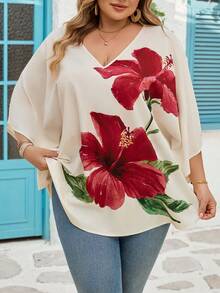 SHEIN CURVE+ Áo kiểu nữ cỡ lớn in hoa dáng rộng thoải mái - Nhiều màu - Xem 6