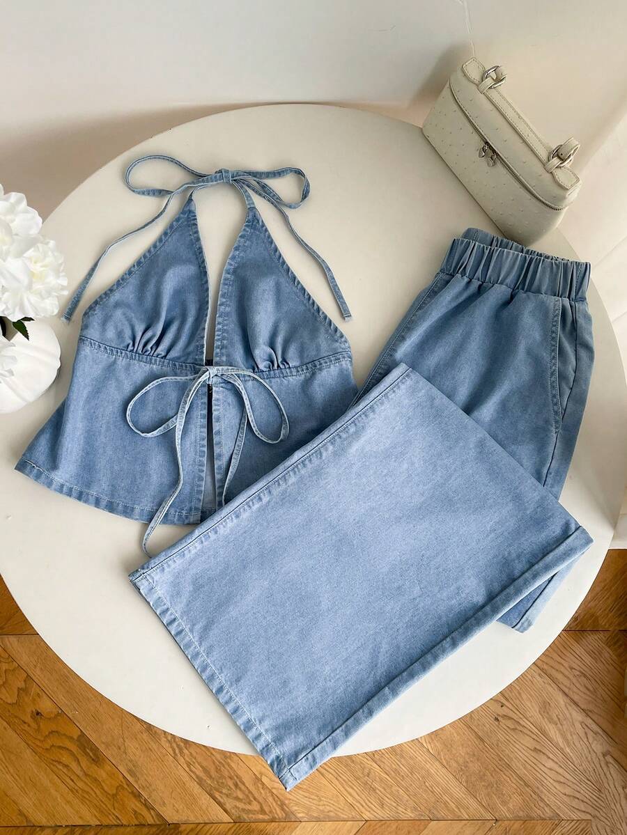 Elamini Bộ đồ denim nữ kiểu yếm buộc dây gồm áo và quần, thích hợp mặc hàng ngày. - Màu xanh lam - Xem 1
