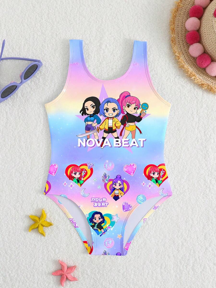 Young Girls Gradient Pink-Yellow Letter & Cartoon Character Print One-Piece Swimsuit