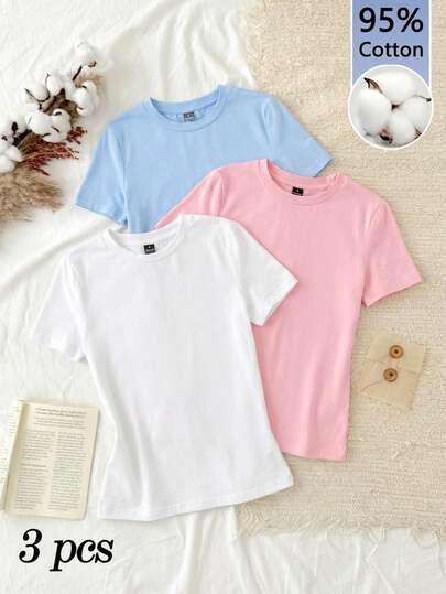 Tseoso Set da 3 pezzi di magliette a maniche lunghe casual e minimaliste da donna, in 95% cotone, collo tondo, vestibilità aderente