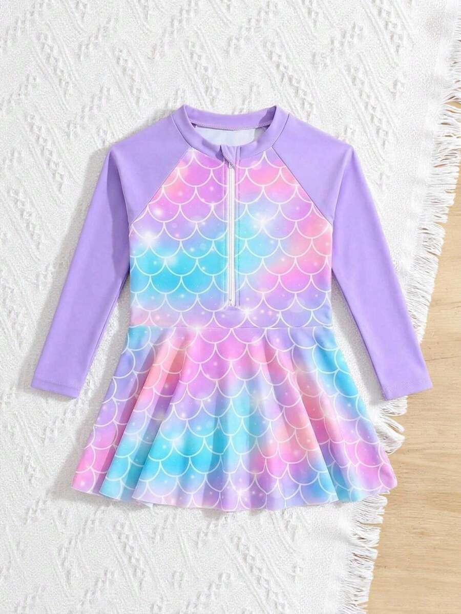 Young Girls Ombre Mermaid Scale Print One-Piece Swimsuit, Suitable For Summer Vacation & Beach - Multicolor - View 1