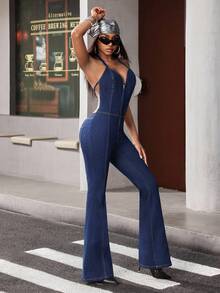 Jeanoix Backless Tie-Up Low Waist Denim Jumpsuit With Flared Legs - Blue - View 5