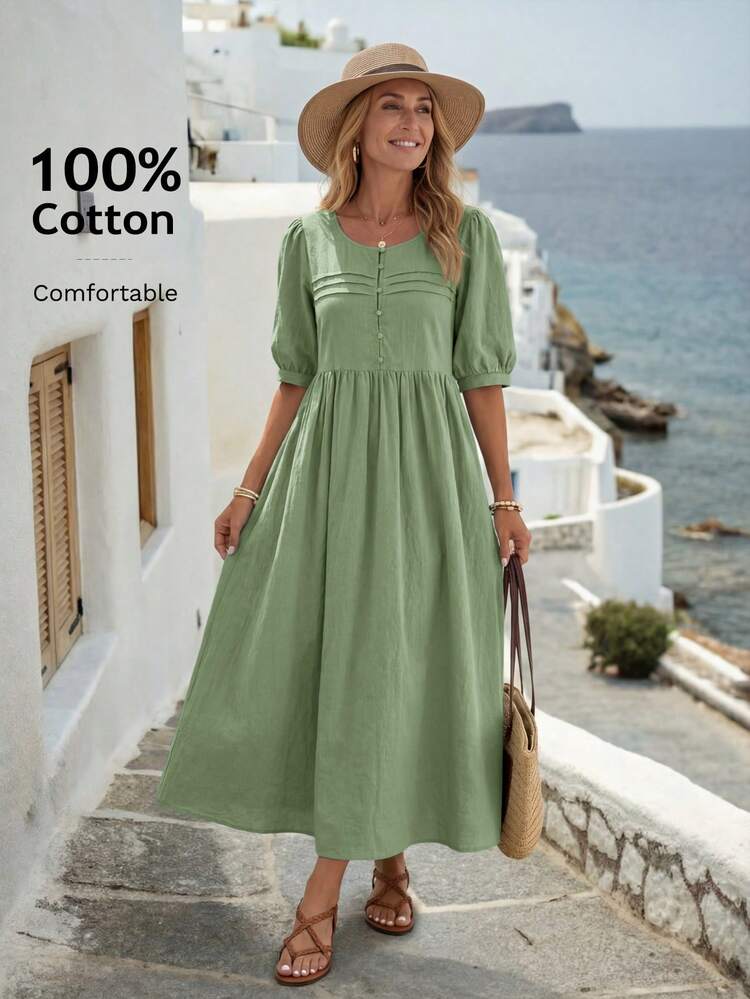 Plus Size Women's Casual Vacation Round Neck Mid-Sleeve Short Sleeve Long Green Dress, Spring/Summer, Plus Size Women's Summer Casual Vacation Country Solid Color Round Neck Mid-Sleeve Short Sleeve Long Green Dress, Spring/Summer,Summer\Vacation,Summer Holiday,Spring Break Outfits ,Vacation Outfits Women ,Holiday Outfits For Women,Going Out Outfits,2026 New Clothes,Simple And Fashionable For Everyday Wear,Suitable For Summer, Vacation, Daily Wear,Suitable For Summer, Vacation, Daily Wear,Dresses For Women,Flowy Dress ,Beach Outfits For Women,Casual Vacation Boho Dress,Gifts For Mother