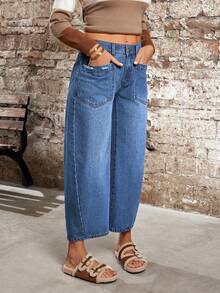 EMERY ROSE Women's Pocket Design Straight Loose Casual Versatile Jeans - Blue - View 5