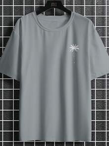 Genlund Men's Tropical Plant Print Minimalist Round Neck Short Sleeve T-Shirt - Grey - View 3