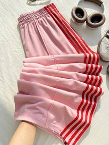 Comfortcana Plus Size Women Elastic Waist Side Stripe Wide Leg Loose Sweatpants - Baby Pink - View 5
