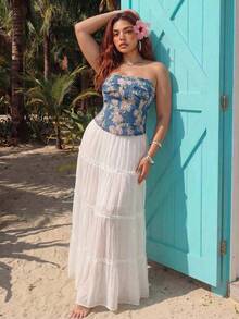 ROMWE Fairycore Summer Outfits Plus Size Floral Print Denim Camisole Top, Backless Design - Medium Wash - View 6