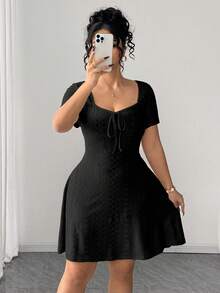 Elenzga Plus Size Fitted Stylish Solid Color Short Sleeve Jacquard Dress - Black - View 7