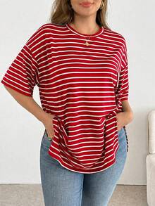 Shapeblank Plus-Size Women's Red And White Striped T-Shirt,Summer Casual Everyday Versatile Oversize Loose Basic Short-Sleeved Split Hem Tops For Work Travel - Red - View 6