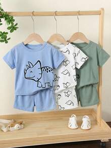 SHEIN 6pcs Setelan Bayi Laki-laki Motif Kartun Dinosaurus Kasual Longgar Lengan Pendek dan Celana Pendek, Cocok untuk Musim Panas - MultiWarna - View 10
