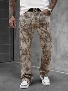 SLATEMANN Men's Street Casual Light Khaki Camo Cargo Pants With Botanical Pattern - Khaki - View 4