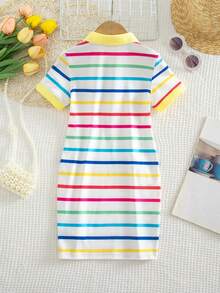 SHEIN Young Girl White Summer Rainbow Striped Polo Collar Knit Dress,Matching Princess 7th Birthday Outfit,Family Vacation Pride Month Casual Beach Wear - Multicolor - View 6