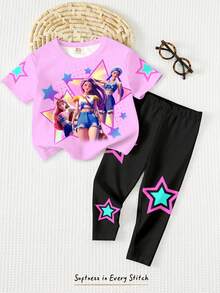 SHEIN 亮粉色可愛K-POP卡通女孩印花夏季T恤與內搭褲2件套，時尚寬鬆短袖圓領女嬰度假套裝 - 彩色 - 查看 4