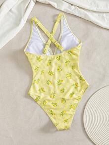 New Arrival Spring/Summer Lemon Print Plaid Casual Beach Vacation One-Piece Swimsuit - Multicolor - View 2