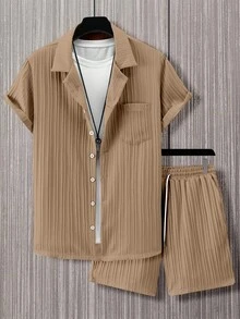 Manfinity Homme Conjunto casual de 2 piezas de camisa de manga corta con un solo bolsillo y pantalones cortos para hombre - Caqui - Ver 3