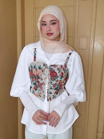 Solavon Bộ 2 món áo hai dây dài tay màu trắng kiểu tranh sơn dầu cổ điển mới, tay phồng.