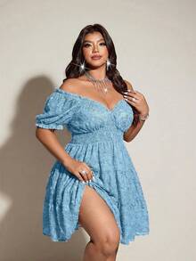 Viva Relle Gaun Ukuran Besar Lengan Pendek Gaya Prancis Vintage yang Manis & Seksi - Biru - View 1