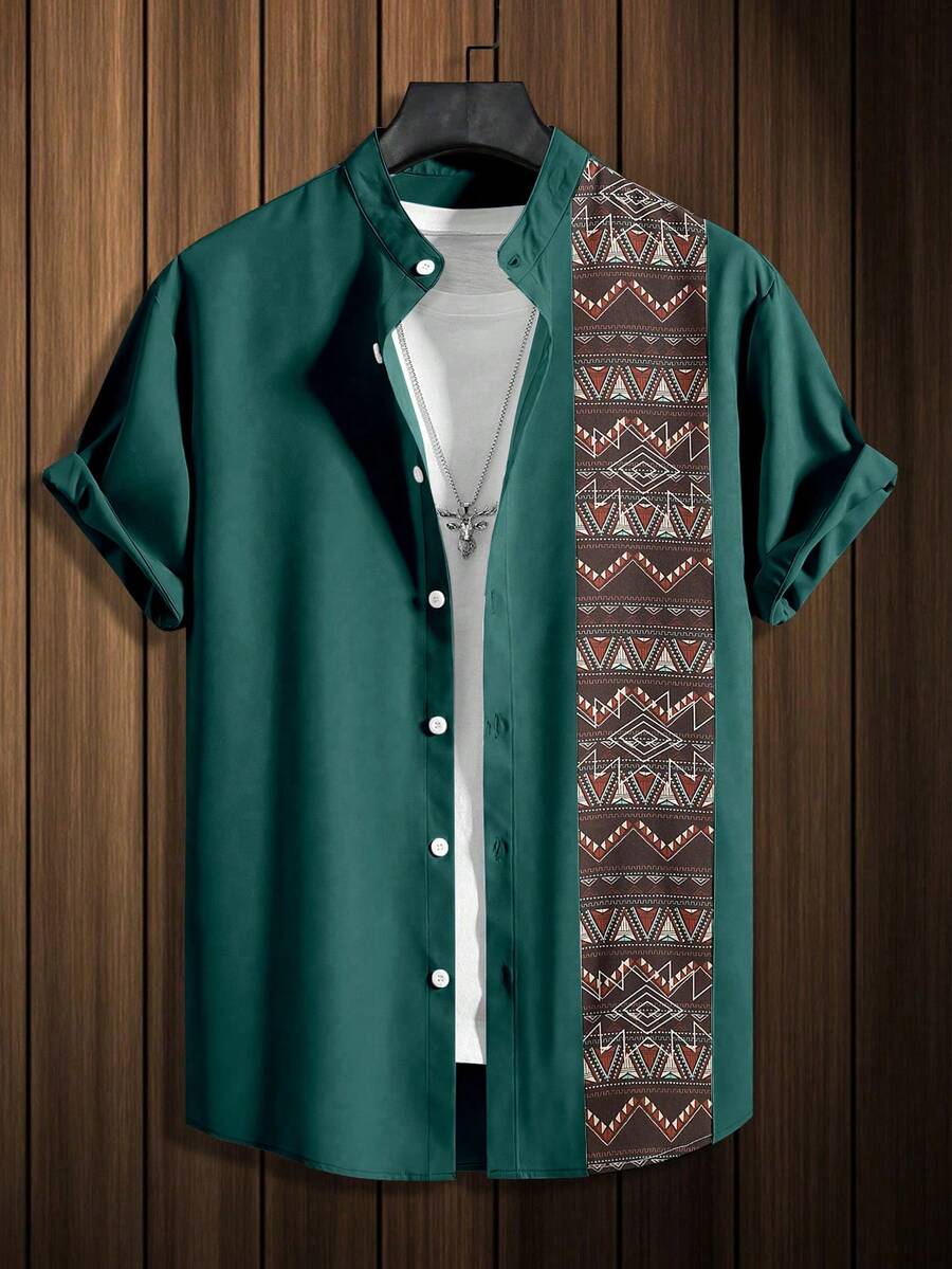 Manfinity Homme Men's Geometric Pattern Short Sleeve Button-Up Casual Shirt - Dark Green - View 1