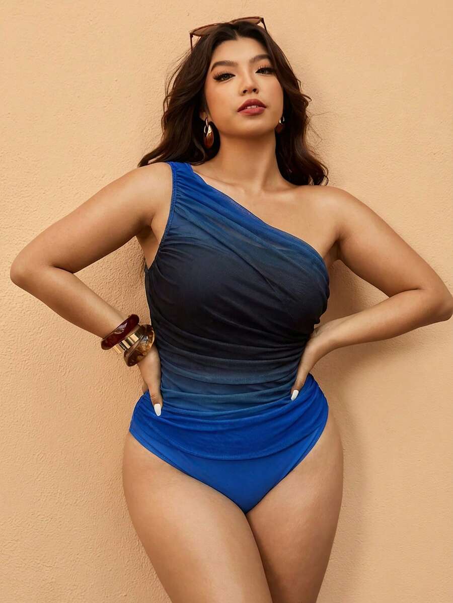 Elaquor Plus Size Women's Patchwork Ruched One-Piece Swimsuit, Suitable For Beach Vacation, Pool Party, Beach Party Summer