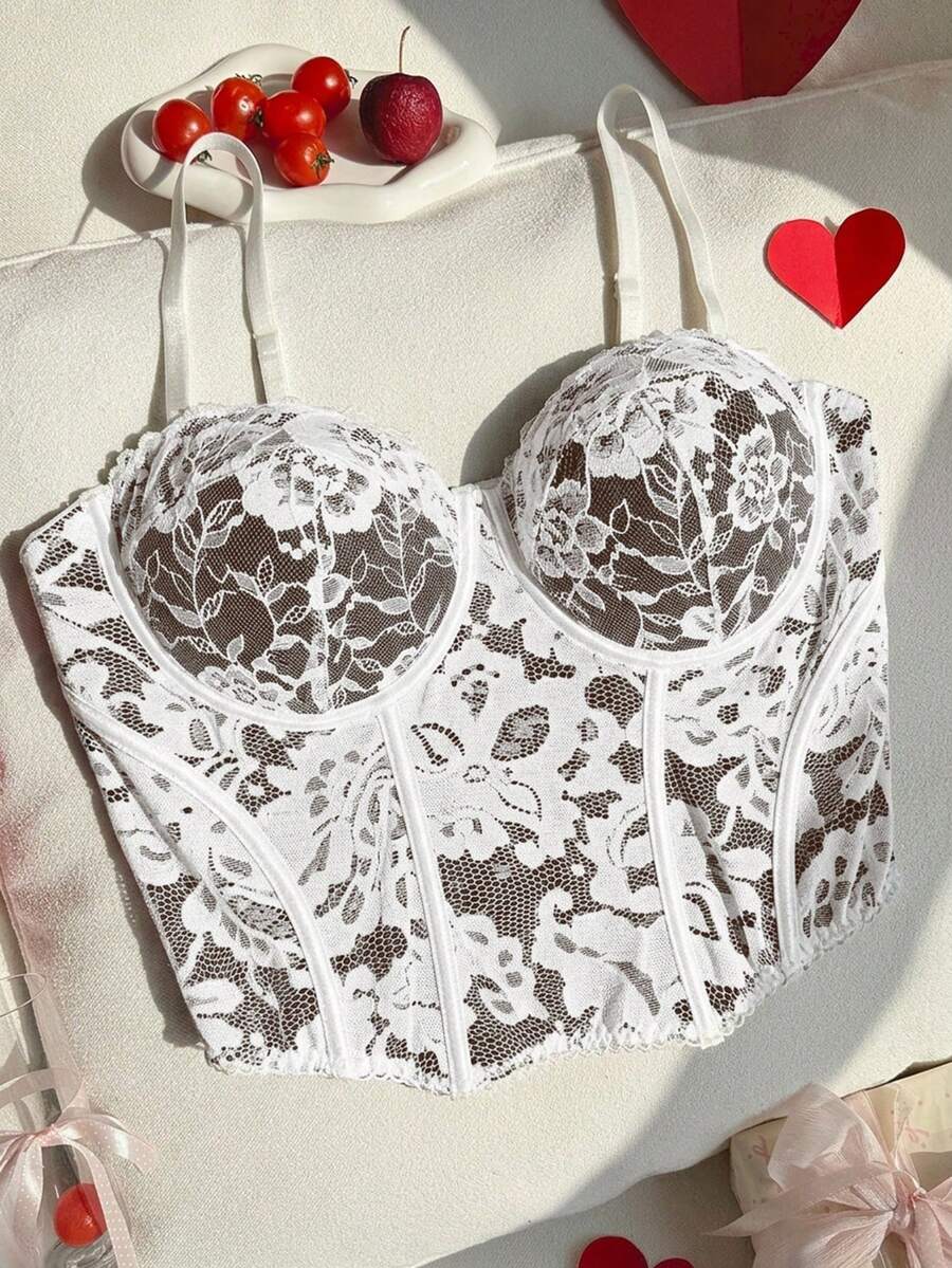 Comfortcana Plus Size Sexy Lace Sheer Camisole Top, Suitable For Party And Valentine's Day Wear, Spring/Summer - White - View 1