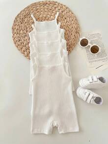 5pcs/Set Baby Girls' Casual Solid Color Knit Camisole Romper Set - White - View 2