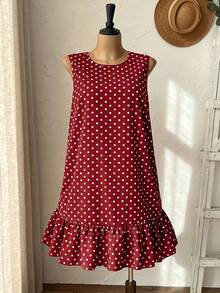 EMERY ROSE Plus Size Round Neck Sleeveless Polka Dot Red And White,Summer,Casual,Vacation,Holiday Ruffle Hem Dress For Women,Spring Beach Festival Outfits - Burgundy - View 4