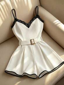 Franclia 女士休闲时尚宽松撞色蕾丝喇叭裤连体裤，适合夏季穿着 - 黑與白 - 查看 6