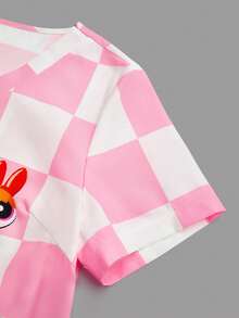 PopScrub THE POWERPUFF GIRLS X SHEIN 女士粉白格纹V领护士服上衣，可爱卡通大眼睛短袖护士服，甜美少女IP联名款制服 - 粉色 - 查看 8