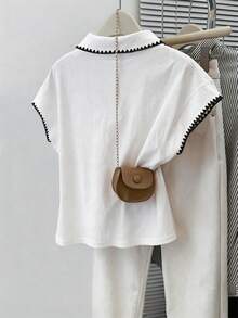 Resyla Fashionable Minimalist White Women's Collar Half-Placket Raglan T-Shirt, Gift For Friends - White - View 2