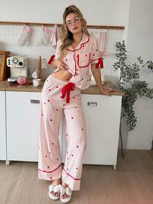 Striped Heart Print Lapel Cardigan Bow Tie Short Sleeve Women Pajama Set - Apricot - View 6