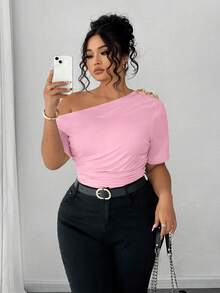 Elenzga Plus Size Women Elegant Personalized Versatile Casual Commute Cold-Shoulder Top - Pink - View 7