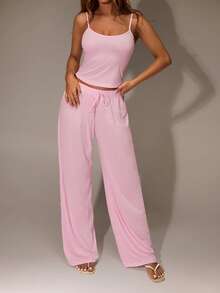 SHEIN Forever 21 2pcs Women Casual Solid Color Camisole And Pants Pink Set - Pink - View 3